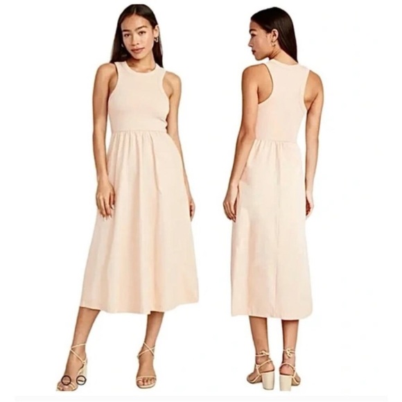 Old Navy Fit & Flare High-Neck Combination Midi Dress Sleeveless Tan Size XL - Picture 2 of 15